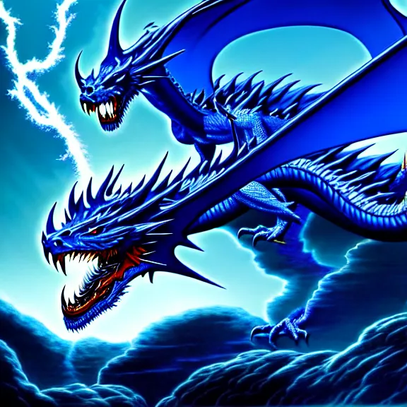 Prompt: spectral blue dragon, lightning, lake background, gerald brom, hyper detailed, 8 k, fantasy, dark, grim