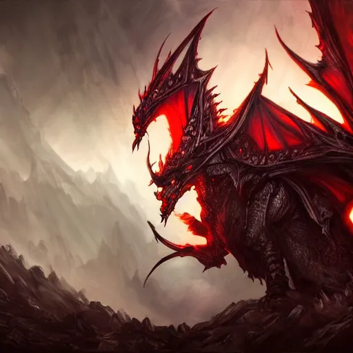 Image similar to dark fantasy concept of a vampire dragon god, with dark matter and molten armor on a mountain, cinematic, dynamic lighting, photorealistic, ultra detailed, trending on art station, stunning visuals, creative, hyper detailed