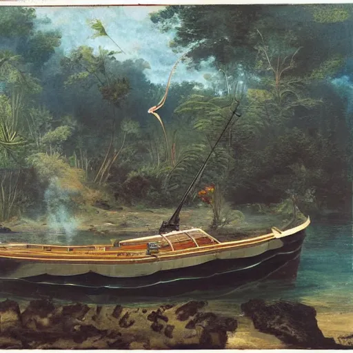 Image similar to scallop dredge boat dragging dredges through a pristine jungle, surrealist,