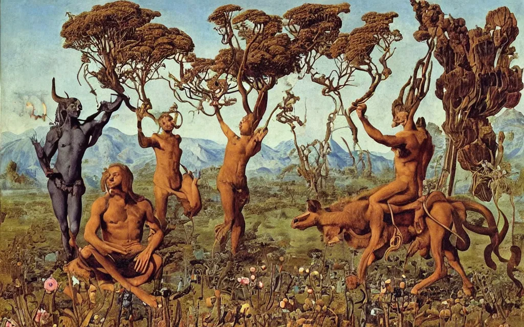 Image similar to a portrait photograph of a meditating satyr and a centaur monk riding a rocket machine and hunting at a river delta. surrounded by bulbous flowers and trees. mountain range under a blue sky of fiery stars. by jan van eyck, max ernst, ernst haeckel, ernst fuchs and artgerm, cgsociety, fashion editorial, 8 k