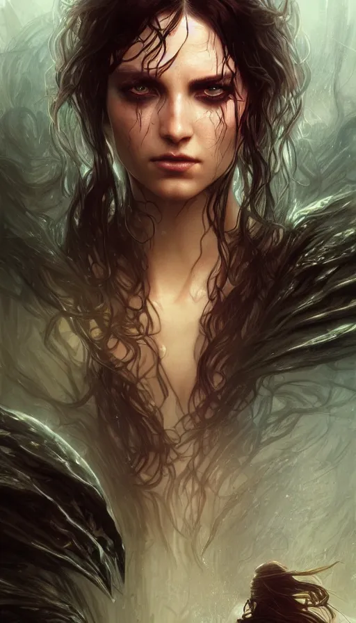 Image similar to furious gorgeous woman, lord of the rings, cyberpunk, rain, tears, insane, intricate, highly detailed, digital painting, artstation, concept art, smooth, sharp focus, illustration, Unreal Engine 5, 8K, art by artgerm and greg rutkowski and alphonse mucha