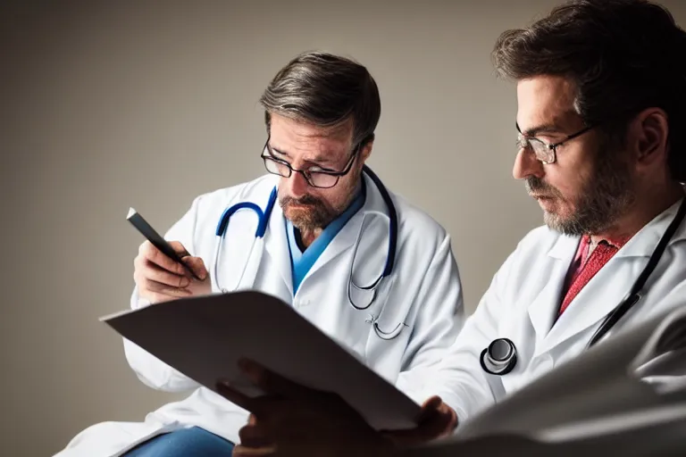 Image similar to a cinematic headshot portrait of an doctor reading his notes, moody lighting, movie still, shallow depth of field, muted colors