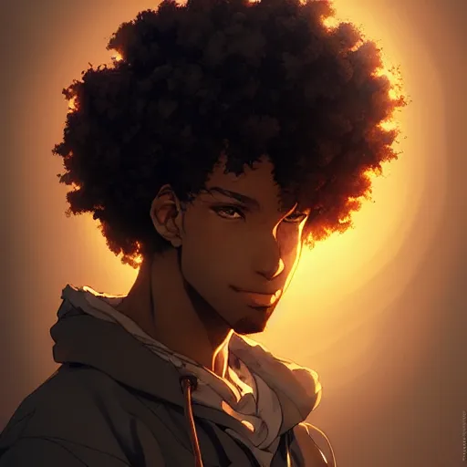 Prompt: Portrait of man with curly hair and brown skin, atmospheric lighting, intricate detail, cgsociety, ambient light, dynamic lighting, anime style by Yusuke Kozaki