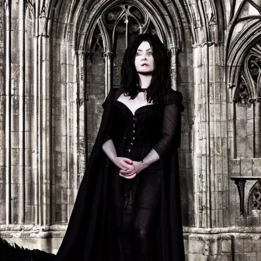 Image similar to emilia clarke as a goth temptress in a gloomy gothic cathedral at night