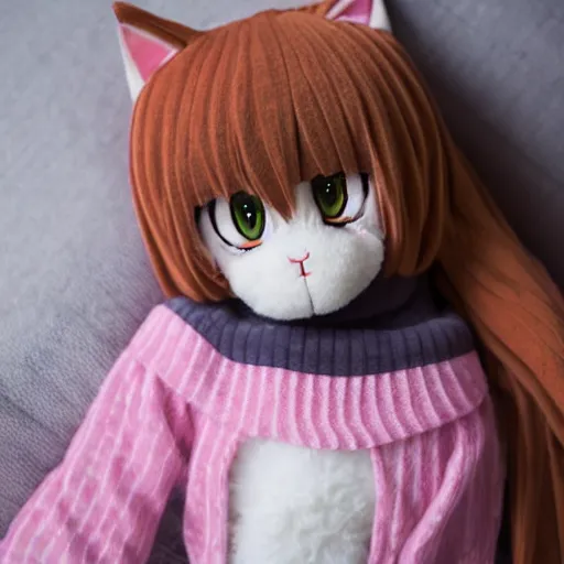 Prompt: cute fumo plush of a cat girl in a checkerboard woolen sweater, anime girl, vray