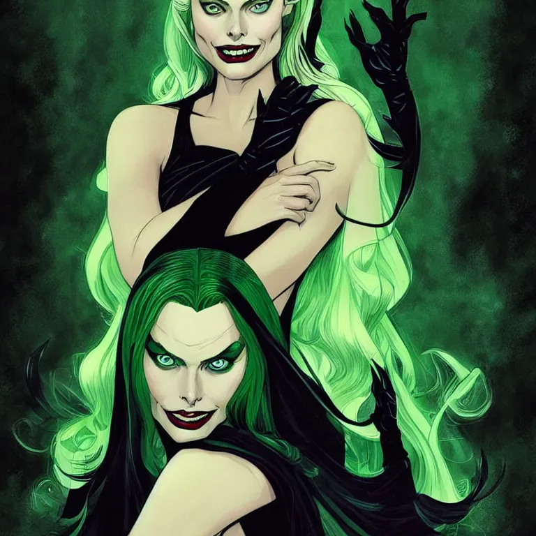 Prompt: Beautiful witch margot robbie, style of Joshua Middleton comic book art Nick Dragotta comic art, black and green eyes, symmetrical face, symmetrical eyes, scary smile, dark green dress