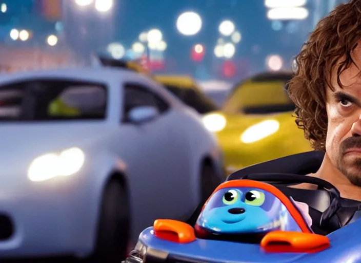 Image similar to peter dinklage racing vin diesel driving a little tikes cozy coupe cars at night tokyo, movie still, from the new fast and furious movie, 8 k, realistic