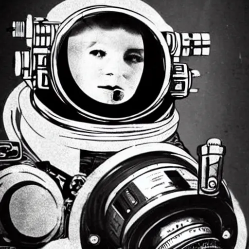Prompt: an steampunk astronaut mid-space holding a beer can and a vintage camera. vintage photo