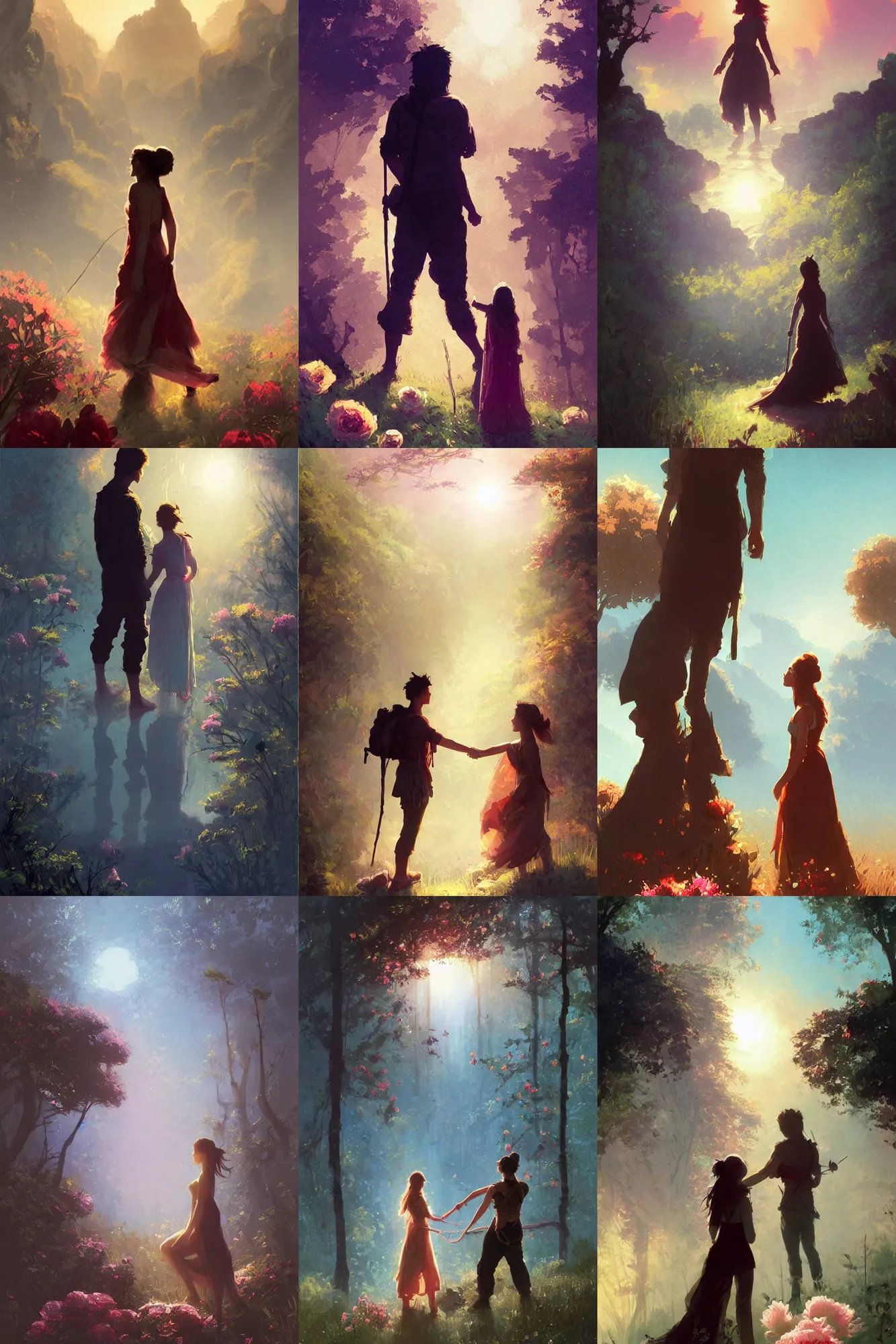 Prompt: a cinematic boy girl traditional romance moment of a friends hiking wearing boho clothing and peonies, standing silhouette against the sun, Minimal Movie Posters, fantasy magic, art masterpiece by Greg Rutkowski, Gaston Bussiere, craig mullins, #wip #illustration #illustradraw #illustrator #vector #colors #colorschemes