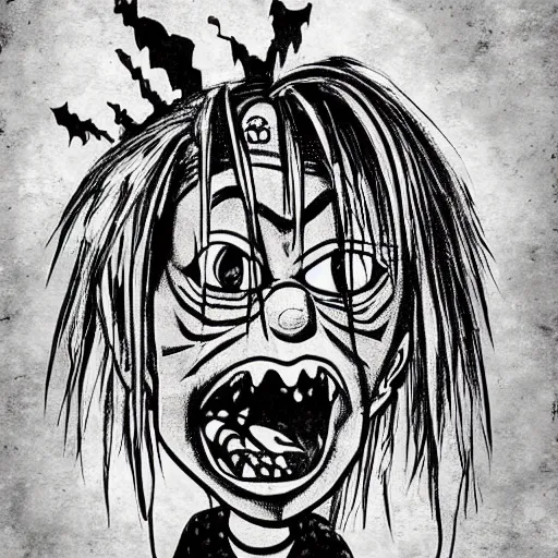 Prompt: grunge cartoon drawing of chucky by - rick and morty , loony toons style, horror themed, detailed, elegant, intricate