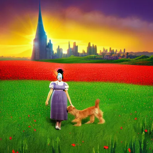 Image similar to judy garland as dorothy in wizard of oz with her dog toto in a field of poppies, with the emerald city in the background, shining green glow, highly detailed, 8k digital art,