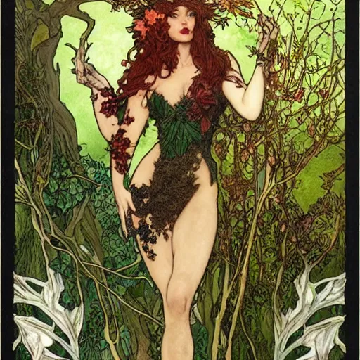 Image similar to a beautiful and detailed magic the gathering card of a seductive poison ivy as a dryad, fantasy, d & d, dark eyeliner, intricate, elegant, highly detailed, digital painting, artstation, concept art, matte, sharp focus, illustration, art by rebecca guay and by arthur rackham and by alphonse mucha and by john william waterhouse