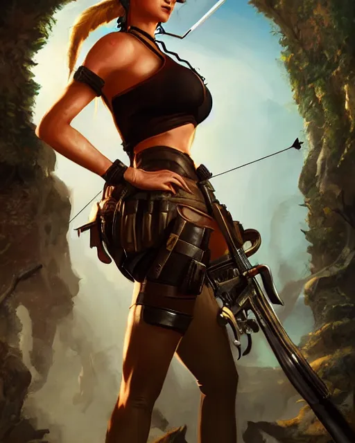Prompt: HD Blonde Lara croft as alice in wonderland, shooting bullets at Queen of Hearts, guns, action movie, epic wallpaper, trending on artstation, illustration, digital painting, art by wlop and raymond swanland and ross tran