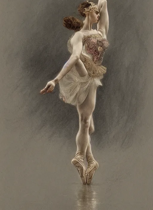 Prompt: a beautifull intricate pencil painting of a dancing ballerina, reflexions, verry high details by william turner art, greg rutkowski and alphonse mucha, trending on artstation, very very detailed, masterpiece, muted colors