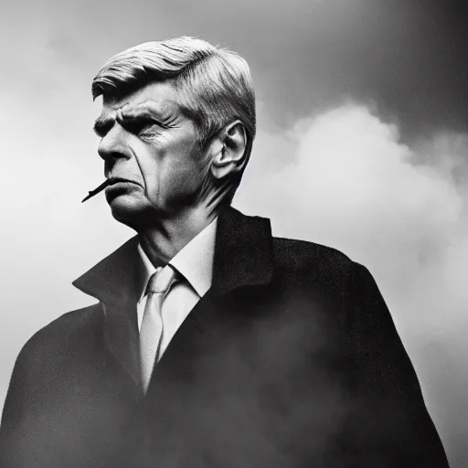 Image similar to arsene wenger as a 1 9 4 0 s gangster, noir, fog, serious, extreme detail, realistic, rain, atmospheric, cigarette in mouth, movie still, studio light 4 k