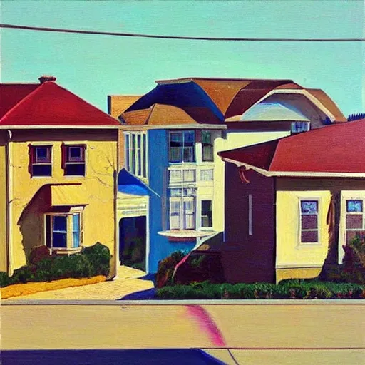 Prompt: “Wayne thiebaud painting of streets and houses”