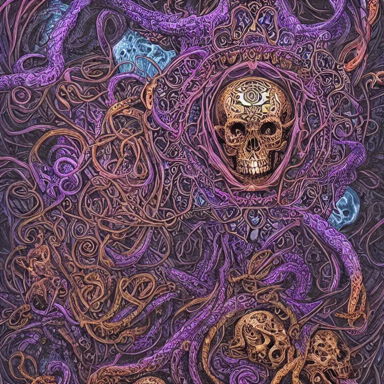 Image similar to a intricate mandala of skulls and flesh and bone with deep and intricate rune carvings and weaving lovecraftian tentacles by dan mumford, space nebula, twirling smoke trails, a twisting vortex of dying galaxies, collapsing stars, digital art, photorealistic, vivid colors, highly detailed, intricate