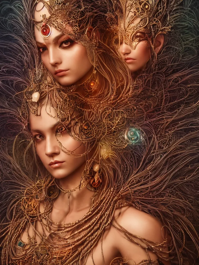 Image similar to a centered render of an alluring mystical tribal goddess adorned with feathers and gemstones and cables and synthesizer parts is surrounded by sacred geometry made from elven architecture, full body, gorgeous face, perfect face, powerful, cinematic, beautifully lit, by artgerm, by karol bak, 3 d, trending on artstation, octane render, 8 k