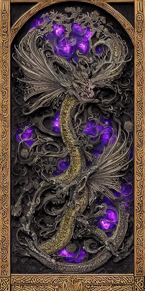 Prompt: Painted dark-wood panel relief carving of a Flowerpunk Dragon, Fractal God, mythology, divinity, Silver, black and glowing purple toned, ornate border frame, explosion of colorful flowers, dark wood, intricately carved, black ink, festival of rich colors, intricate details, cinematic lighting, volumetric lighting, post-processing, art nouveau, tarot, fractal art, mandala, by andreas rocha and john howe, and Martin Johnson Heade, featured on artstation, featured on behance, golden ratio, hyper detailed, photorealistic, epic composition, center spotlight, f32, well composed, symmetrical, UE5, 8k