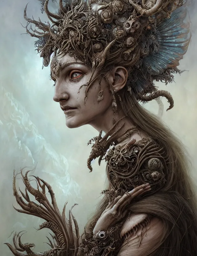 Prompt: a beautiful detailed 3d matte painting of face portrait of female Sumarian Deat Goddess, by ellen jewett, tomasz alen kopera and Justin Gerard, symmetrical features, ominous, magical realism, texture, intricate, ornate, royally decorated, skull, skeleton, whirling smoke, embers, white adornements, white torn skulls, radiant colors, fantasy, trending on artstation, volumetric lighting, micro details, 3d sculpture, ray tracing, 8k