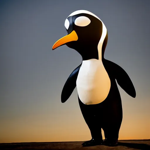 Image similar to Photo of a man in a suit wearing a latex mask of a penguin, dramatic lighting