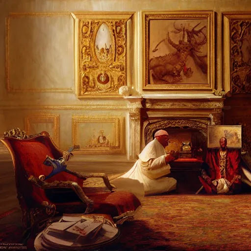 Image similar to the pope is in the papal bedroom, scared because a horned demon is attacking him. highly detailed painting by gaston bussiere, greg rutkowski, craig mullins 8 k