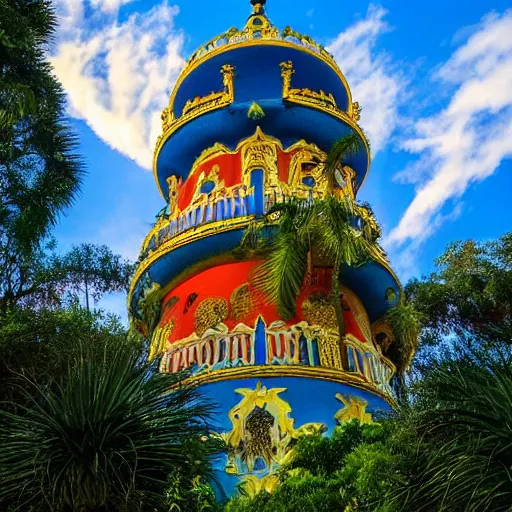 Prompt: a blue castle tower with a golden and red rococo dome stands in front of a multicolored glowing magical forest with tall trees and palm trees, sunny day, small fluffy clouds, parrots fly around the tower, beautiful landscape, very detailed