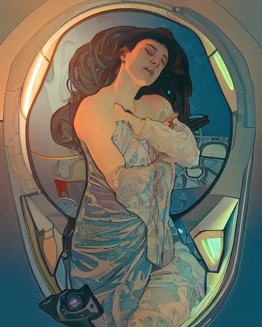 Image similar to cyberpunk illustration of woman inside a sleeping capsule, realistic, sharp shapes, blue glow, alphonso mucha and greg kutkowski, mysterious lighting, masterpiece