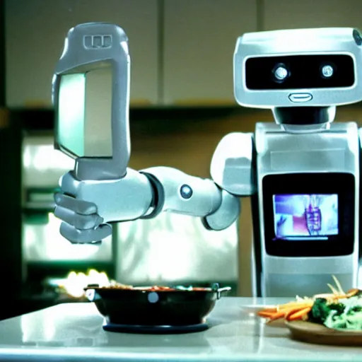 Image similar to Movie still of 'Future Science Apocalypse' (1990). Robot chef preparing food. Sigma 85mm f/1.4