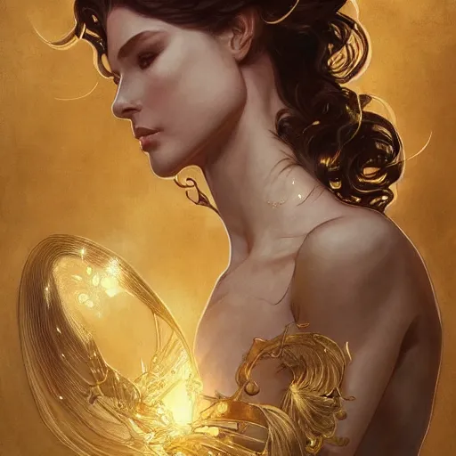 Image similar to Sandman with a gold suit, portrait, intricate, elegant, highly detailed, digital painting, artstation, concept art, smooth, sharp focus, illustration, art by artgerm and greg rutkowski and alphonse mucha