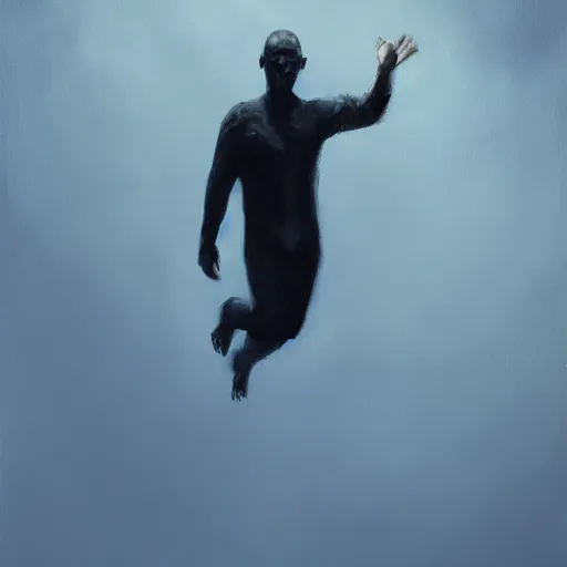 Image similar to man floating in air in total darkness, oil painting, pale colors, high detail, 8 k, wide angle, trending on artstation,