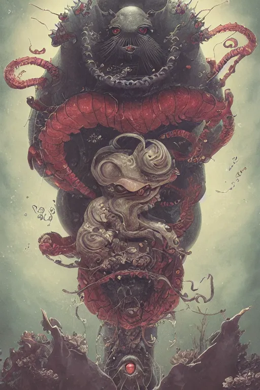 Prompt: a portrait of a deep sea japanese devil animal illustrated by miyazaki by karol bak, james jean, tom bagshaw, rococo, sharp focus, trending on artstation, cinematic lighting, hyper realism, octane render, 8 k, hyper detailed, vivid, ultra detailed, highly detailed