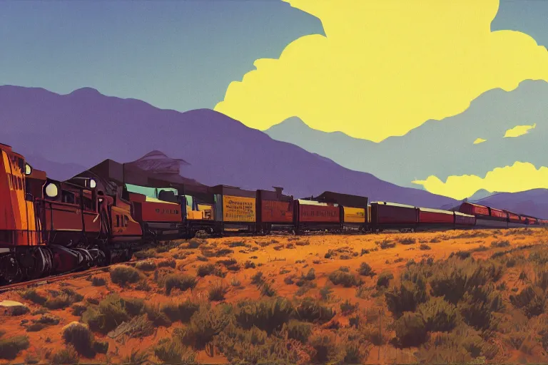 Image similar to idyllic old western freight train illustration by syd mead, artstation, 4 k, graphic novel, concept art, matte painting, steam engine spewing billowy white clouds of steam, beautiful mountain desert sunset background, golden hour