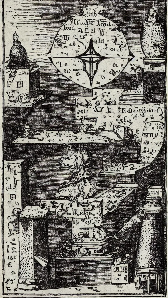 Prompt: esoteric etching print of an alchemists laboratory, amphitheatrum sapientiae aeternae, 1 5 9 5