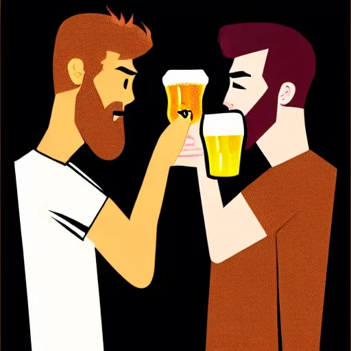 Prompt: two beautiful chad men drinking beers, hearts, friendship, love, sadness, dark ambiance, concept by Godfrey Blow, featured on deviantart, drawing, sots art, lyco art, artwork, photoillustration, poster art