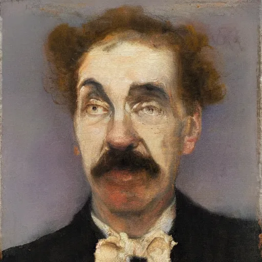 Image similar to detailing character concept portrait of clown by James McNeill Whistler, on simple background, oil painting, middle close up composition