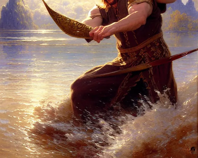 Image similar to attractive male wizard casting powerful wave water spell in a beautiful lake. highly detailed painting by gaston bussiere, craig mullins, j. c. leyendecker 8 k