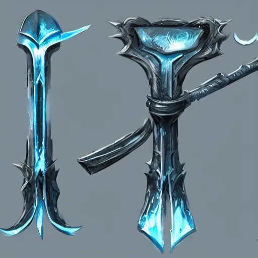 Prompt: concept art of ice blade weapon, blade design, fantasy blade, fantasy, behance, pinterest, deviantart, artstation, weapons concept art, design, rpg, weapon, detailed, digital art, incredible, digital painting