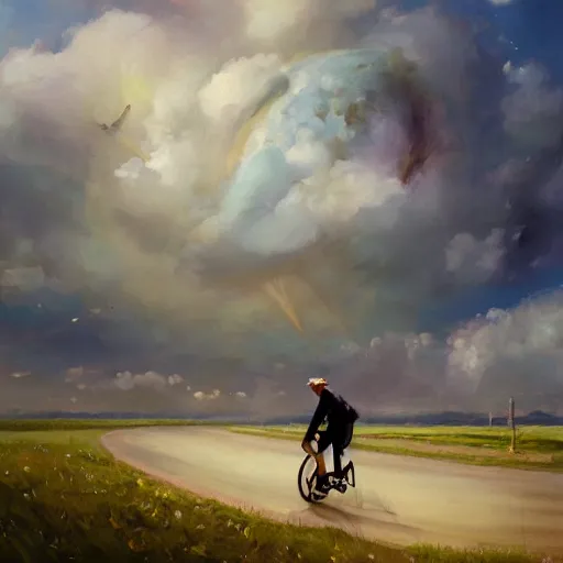 Image similar to A man riding his bicycle through the clouds in the sky, evokes feelings of wonder and amazement, an expressive oil painting by Wes Wilson and Krenz Cushart