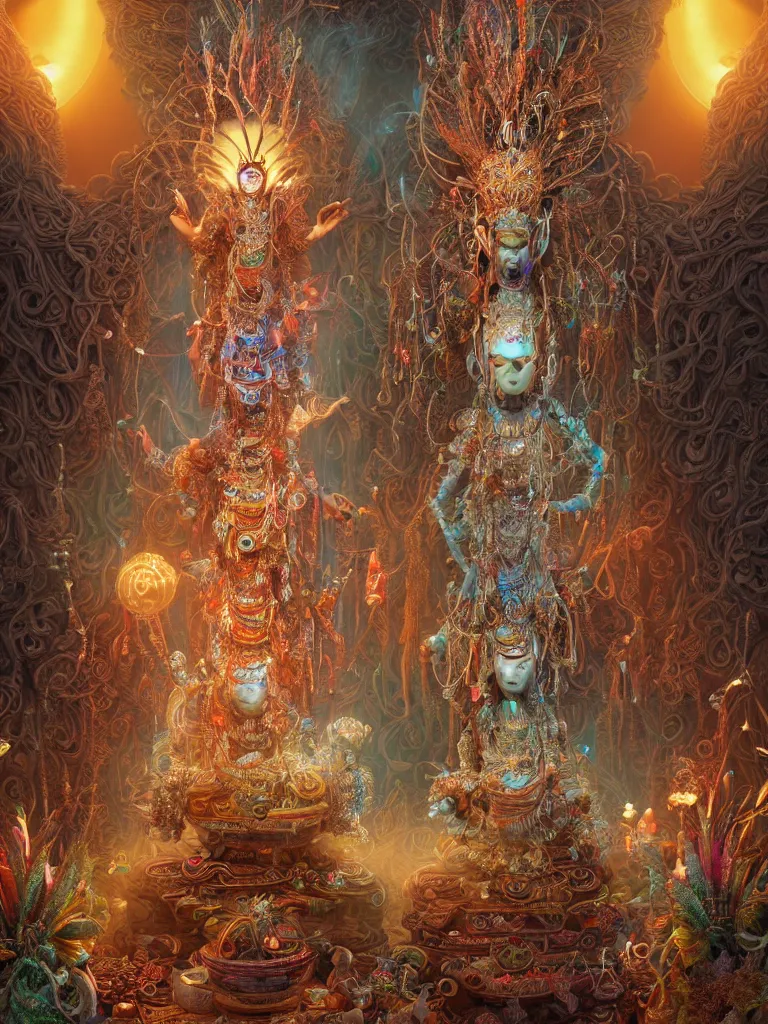 Prompt: an ancient mystical alluring tribal elder wearing an intricate head dress of feathers and jewels generating flowing energy and surrounded by wisps of incense smoke sits meditating in a cybernetic robot temple, face face face, by justin gerard and android jones, 3 d, cinema 4 d render, trending on artstation, 8 k