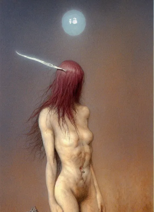 Image similar to bald barbarian teen girl by Beksinski and Luis Royo