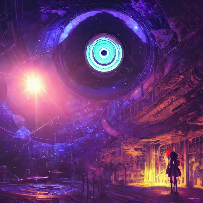 Image similar to Albedo from overlord, mamimi samejima, psychedelic background, epcot, inside a space station, eye of providence, female anime character, Lain, uwu, uwu, Luminism, Tomas Sanchez, surrealism, Simon Stålenhag, Ruan Jia, uwu Hi-Fructose, Artstation, HD, HDR, High Resolution, technological rings, giygas