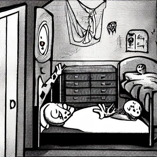 Image similar to a horrifying monster hiding under a childrens bed in a dim lit childrens room with a kid on the bed. the kid doesnt know there is a monster.