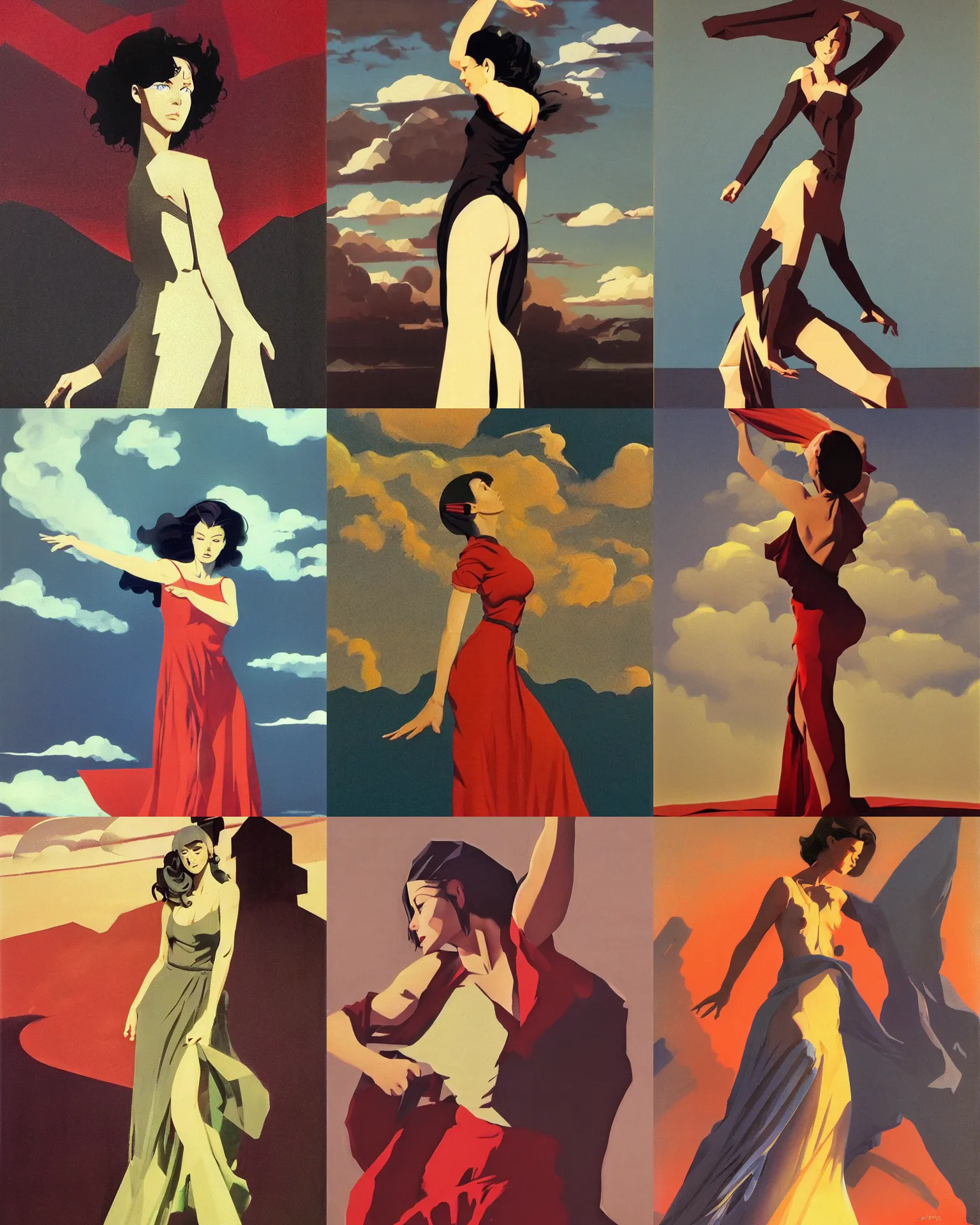 Image similar to woman portrait, female figure in maxi dress, sky, thunder clouds modernism, dynamic pose, dance, low poly, low poly, low poly, industrial, soviet painting, social realism, barocco, Frank Frazetta, Dean Ellis, Detmold Charles Maurice, 1993 anime,