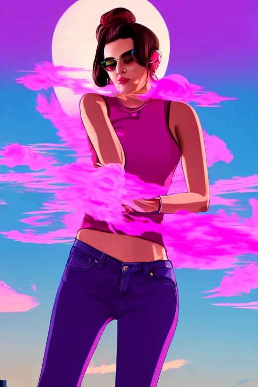 Prompt: a stunning GTA V loading screen with a beautiful woman with ombre hairstyle in purple and pink blowing in the wind, sunset, outrun, vaporware, retro, digital art, trending on artstation
