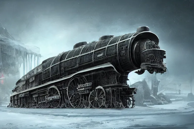 Image similar to an intricate futuristic black steam train and a giant mammoth, post - apocalyptic ice landscape in snowstorm, concept art, artstation, highly detailed, digital art