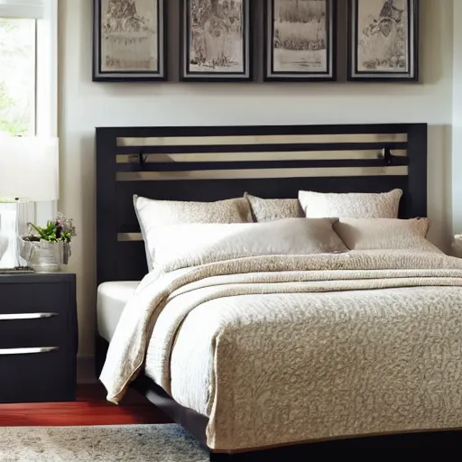 Prompt: award-winning catalog photo modern headboard in the shape of a fireplace mantel master bedroom