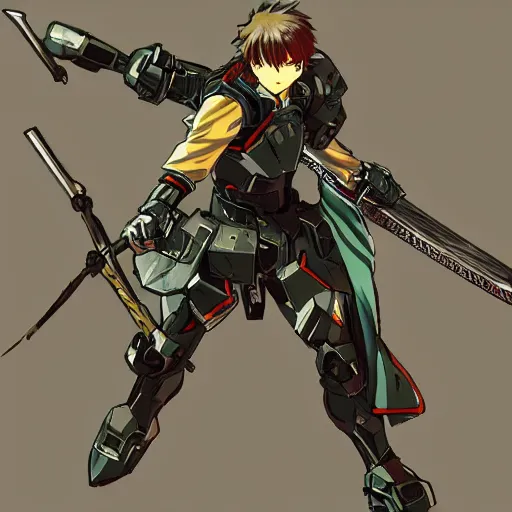 Prompt: An anime teen holding a sword filled with energy, wearing armor, drawn by Yoji Shinkawa, highly detailed, trending on art station, sci-fi themed, dynamic posing