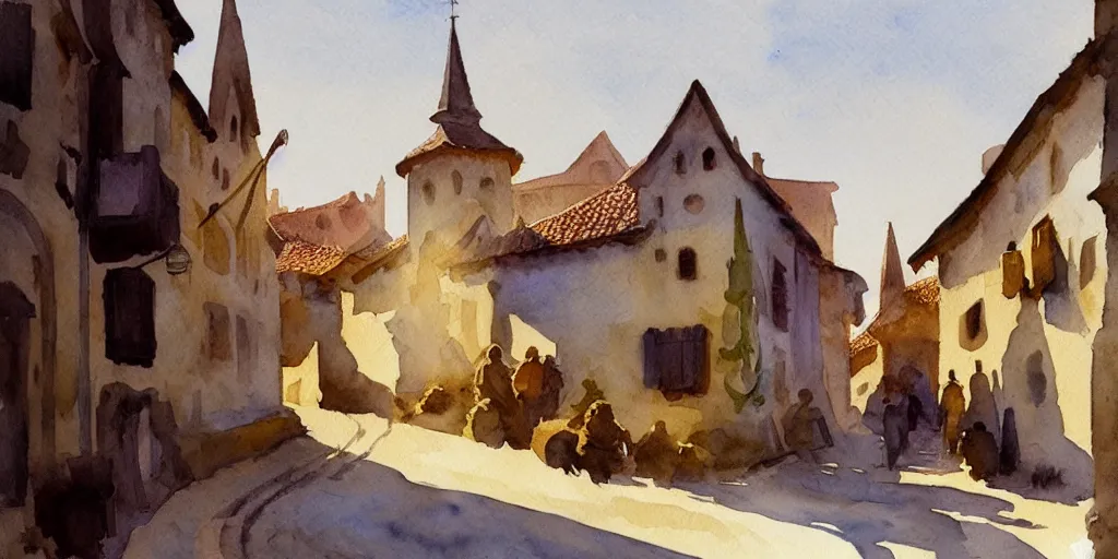 Prompt: medieval town, summer morning light, watercolor painting by john singer sargent, highly detailed, sharp focus, alien, trending on artstation, hq, deviantart, art by artgem