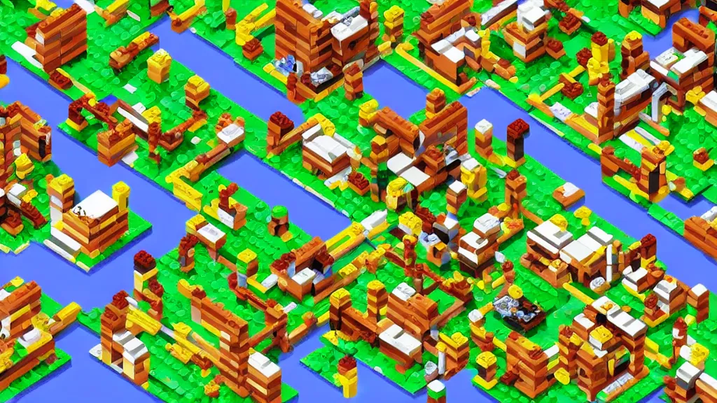 Prompt: pixel art isometric lego strategy game screenshot